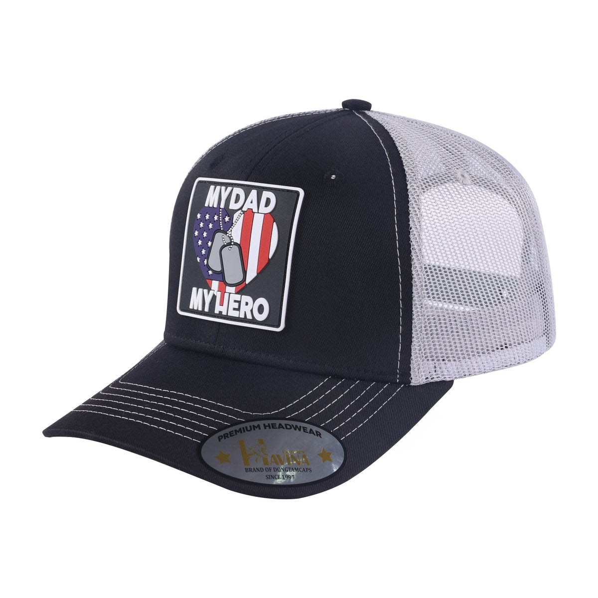 Unisex Embroidered My Dad My Hero, 6-Panel Trucker Hat, Black/Light Grey, Adjustable Fit