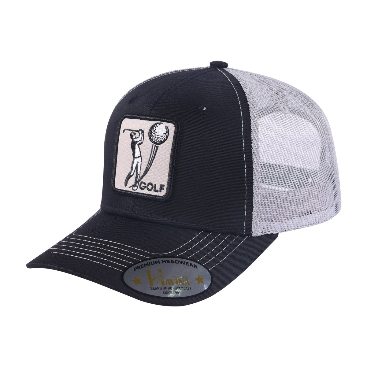 Unisex Embroidered Golf, 6-Panel Trucker Hat, Black/Light Grey, Adjustable Fit