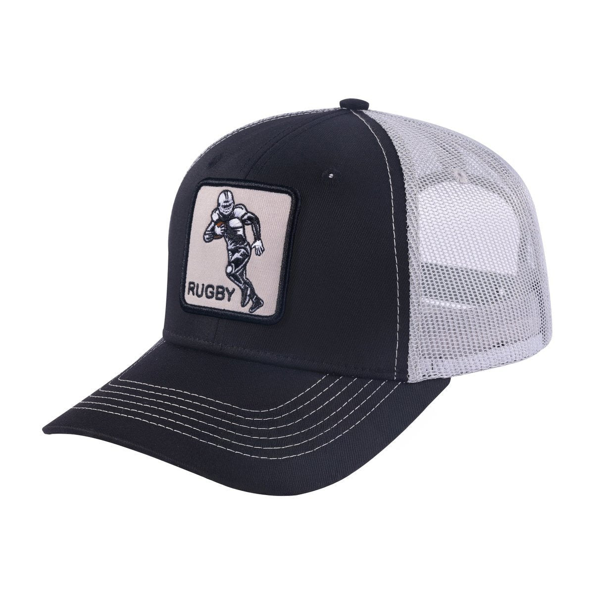 Unisex Embroidered Rugby/Football, 6-Panel Trucker Hat, Black/Light Grey, Adjustable Fit