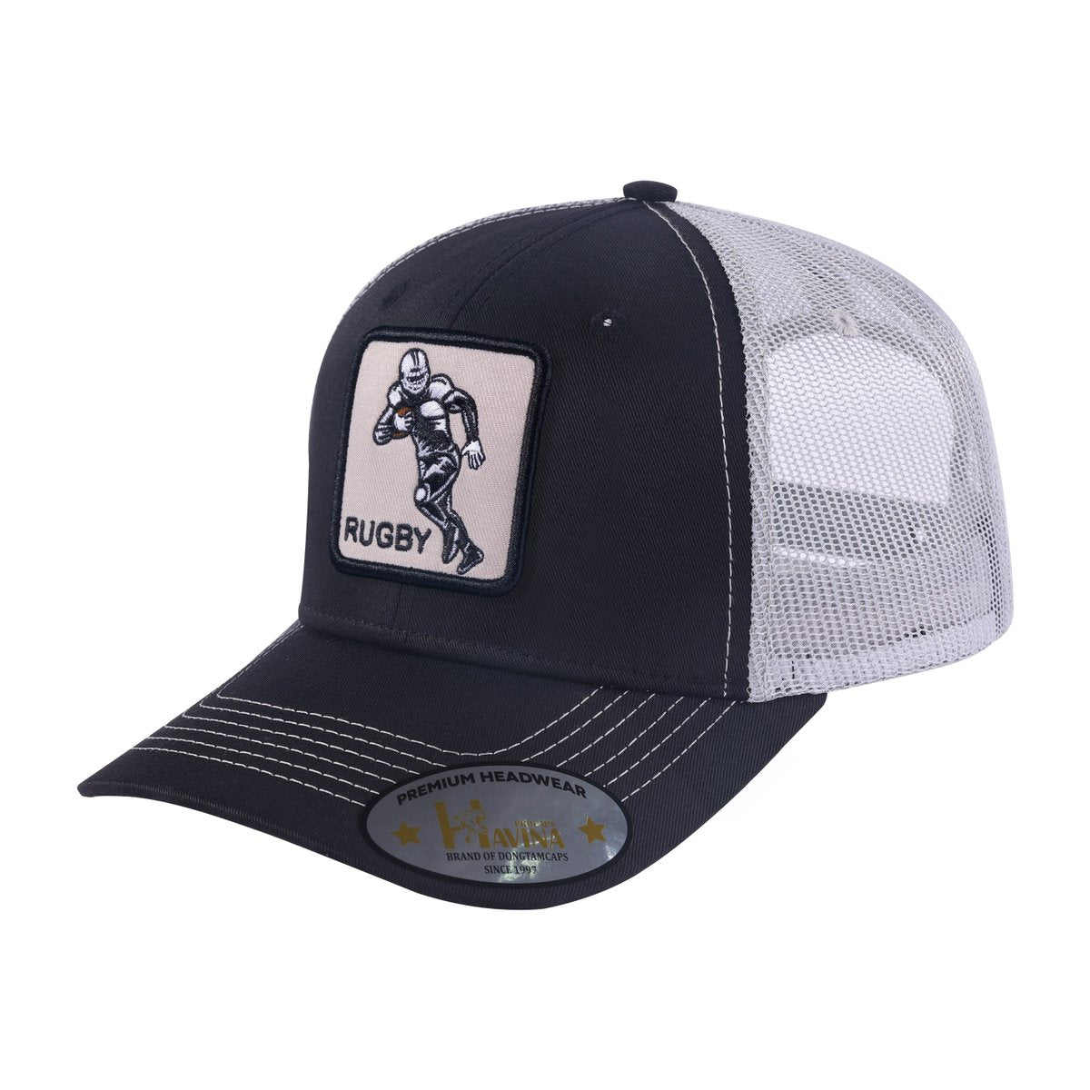 Unisex Embroidered Rugby/Football, 6-Panel Trucker Hat, Black/Light Grey, Adjustable Fit