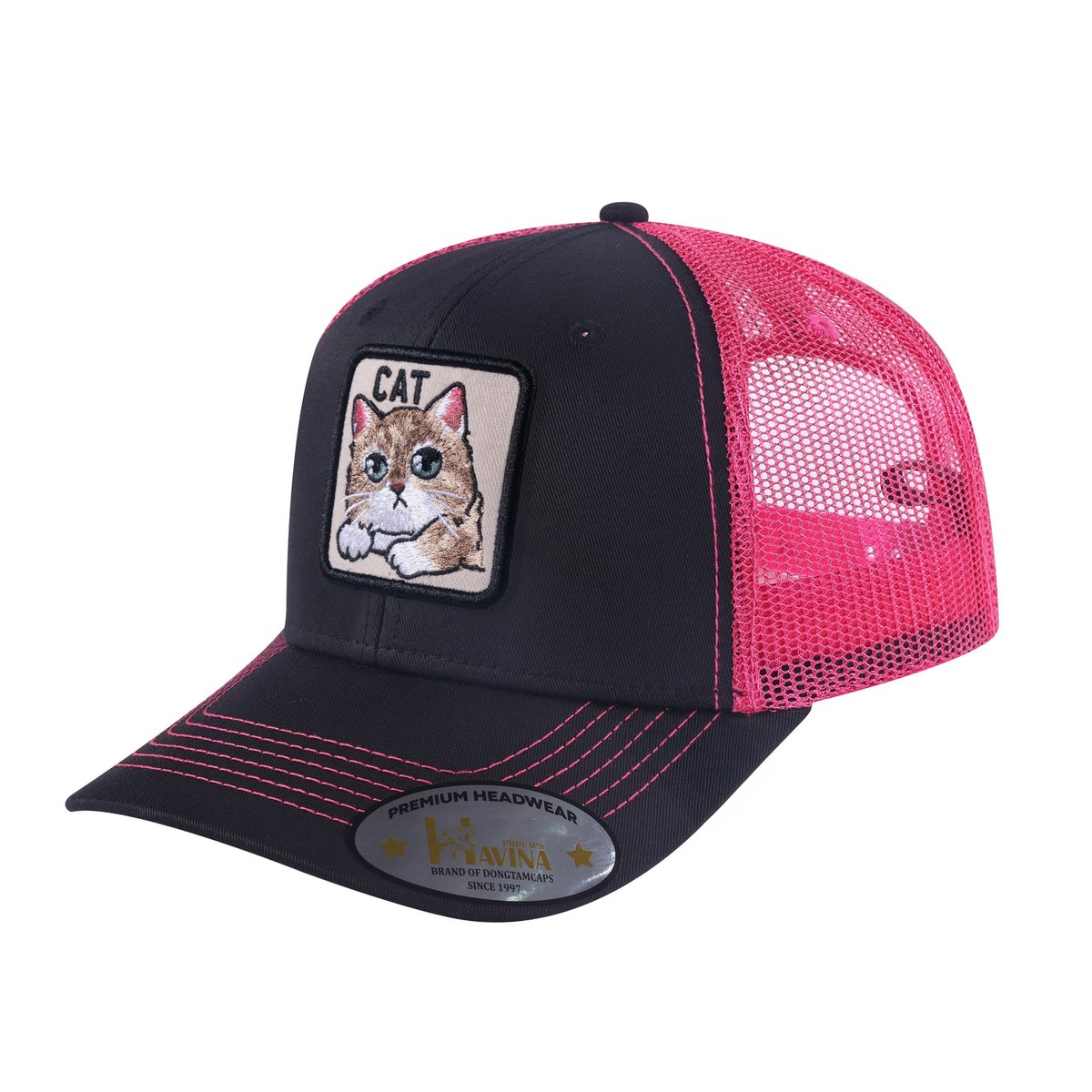 Unisex Embroidered The Cat, 6-Panel Trucker Hat, Black/Pink, Adjustable Fit