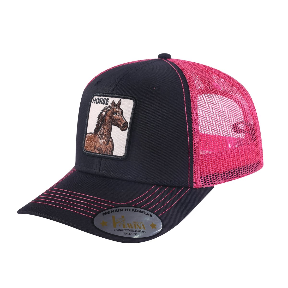 Unisex Embroidered The Horse, 6-Panel Trucker Hat, Black/Pink, Adjustable Fit
