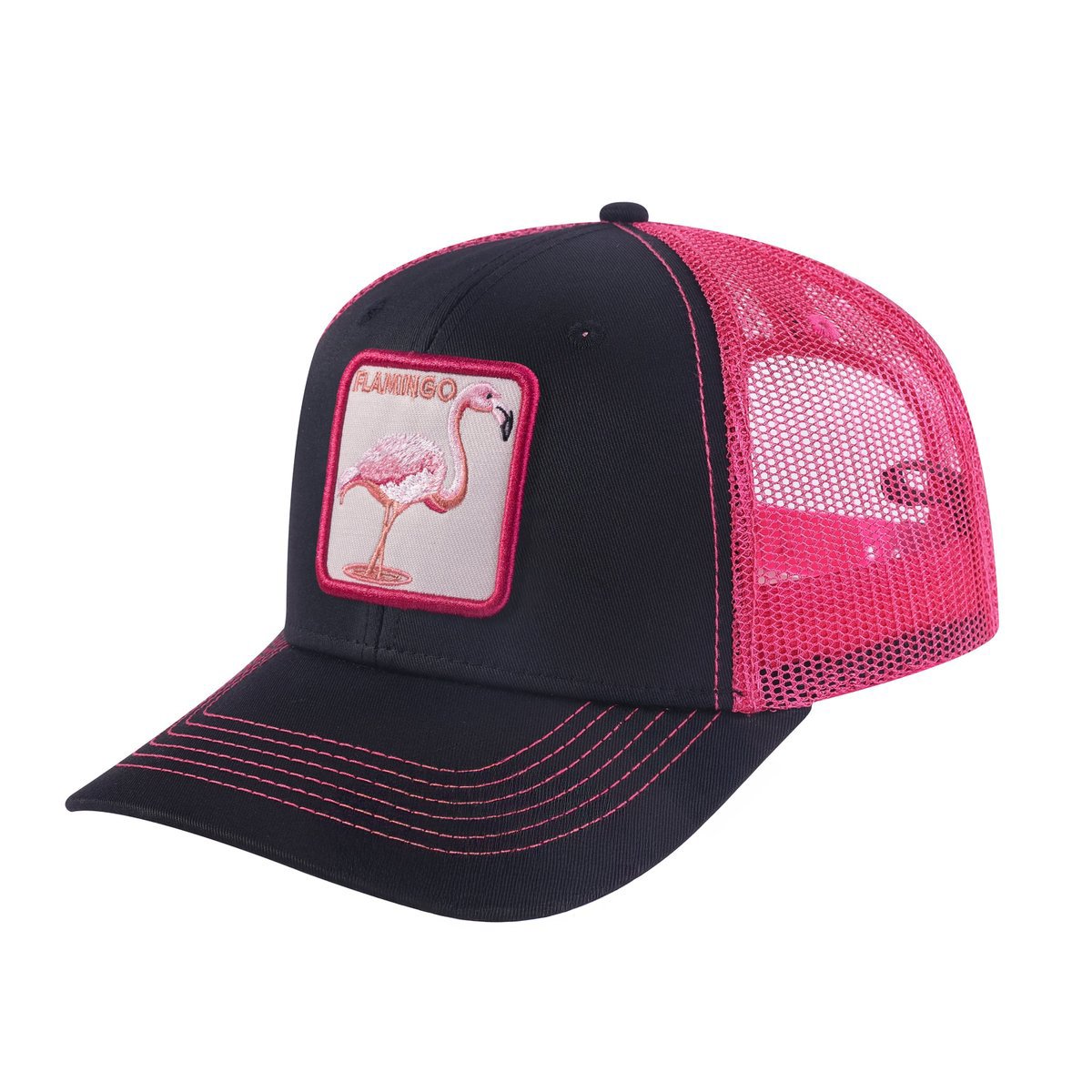 Unisex Embroidered The Flamingo, 6-Panel Trucker Hat, Black/Pink, Adjustable Fit