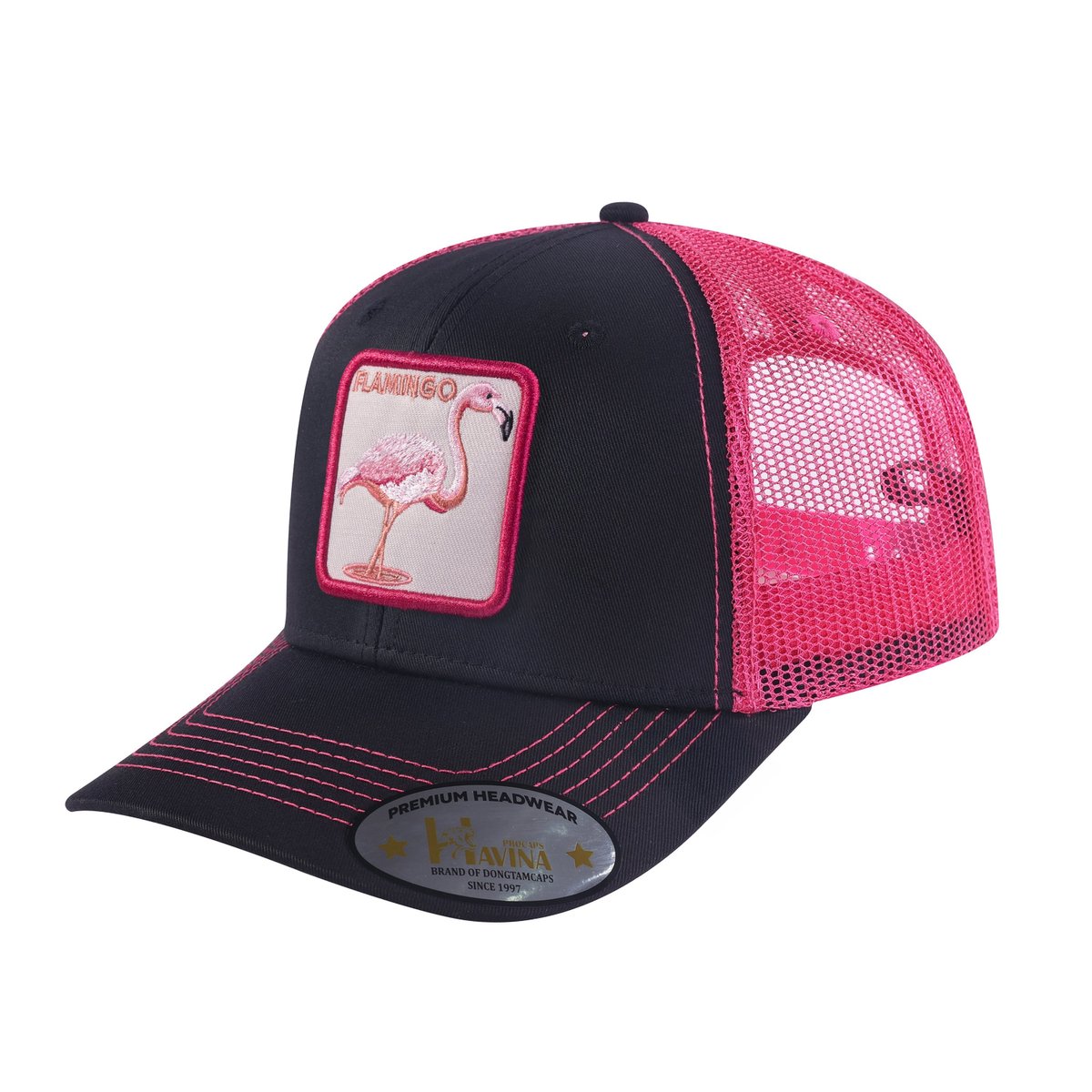 Unisex Embroidered The Flamingo, 6-Panel Trucker Hat, Black/Pink, Adjustable Fit