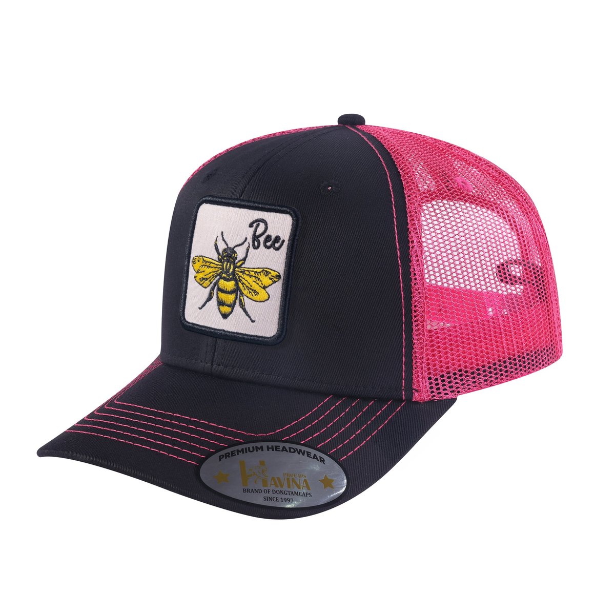 Unisex Embroidered The Bee, 6-Panel Trucker Hat, Black/Pink, Adjustable Fit
