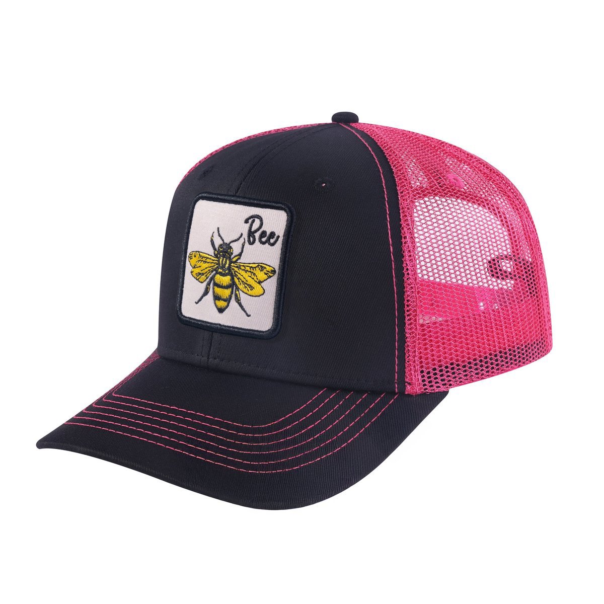 Unisex Embroidered The Bee, 6-Panel Trucker Hat, Black/Pink, Adjustable Fit