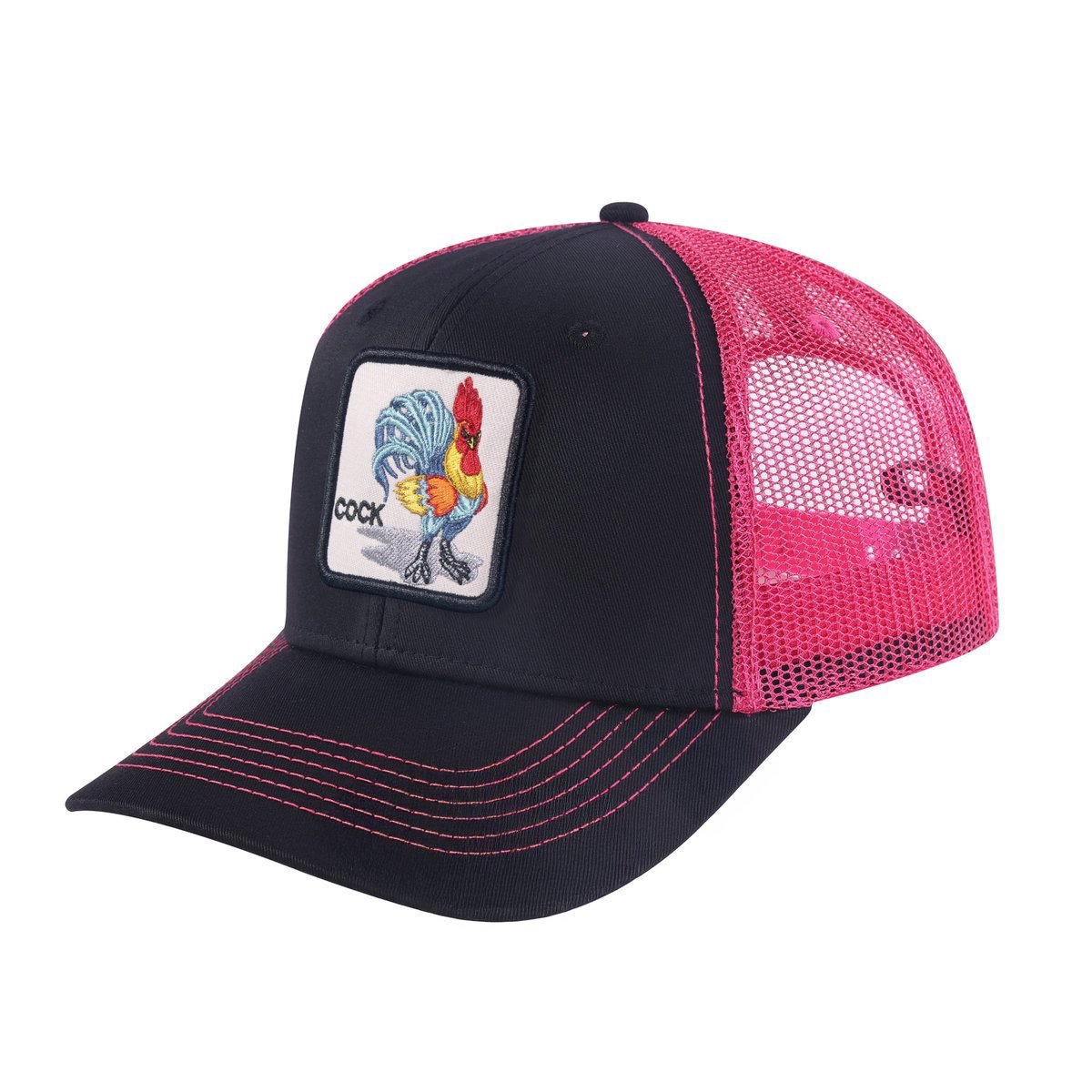 Unisex Embroidered The Chicken, 6-Panel Trucker Hat, Black/Pink, Adjustable Fit