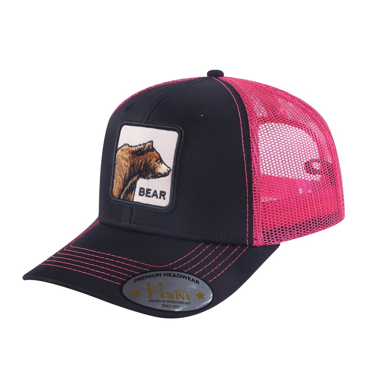 Unisex Embroidered The Bear, 6-Panel Trucker Hat, Black/Pink, Adjustable Fit