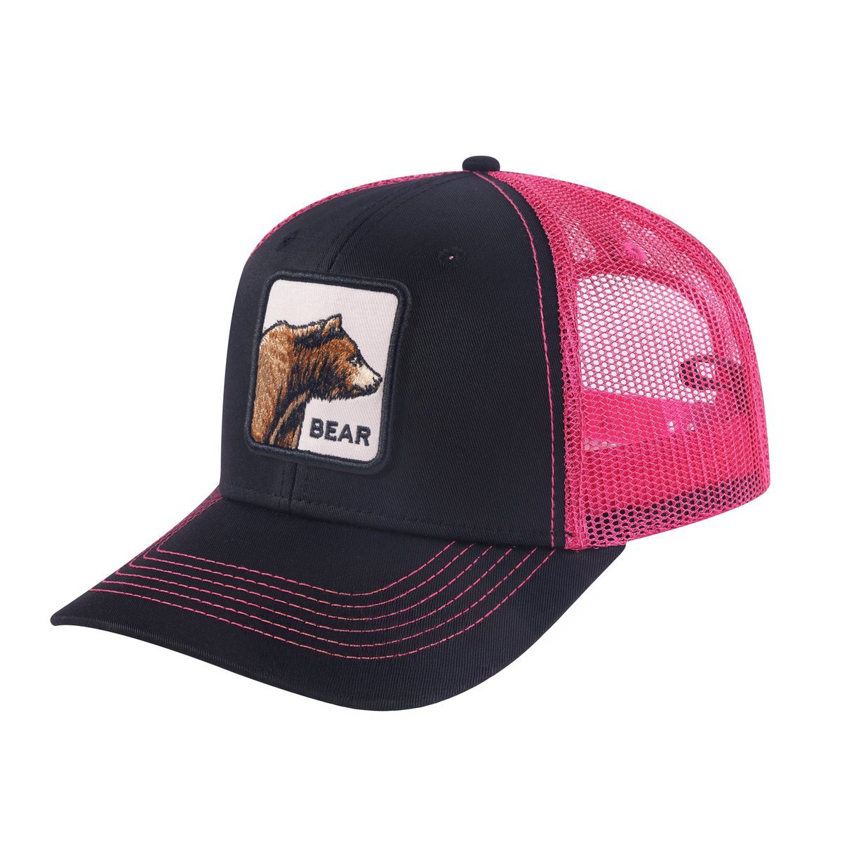 Unisex Embroidered The Bear, 6-Panel Trucker Hat, Black/Pink, Adjustable Fit