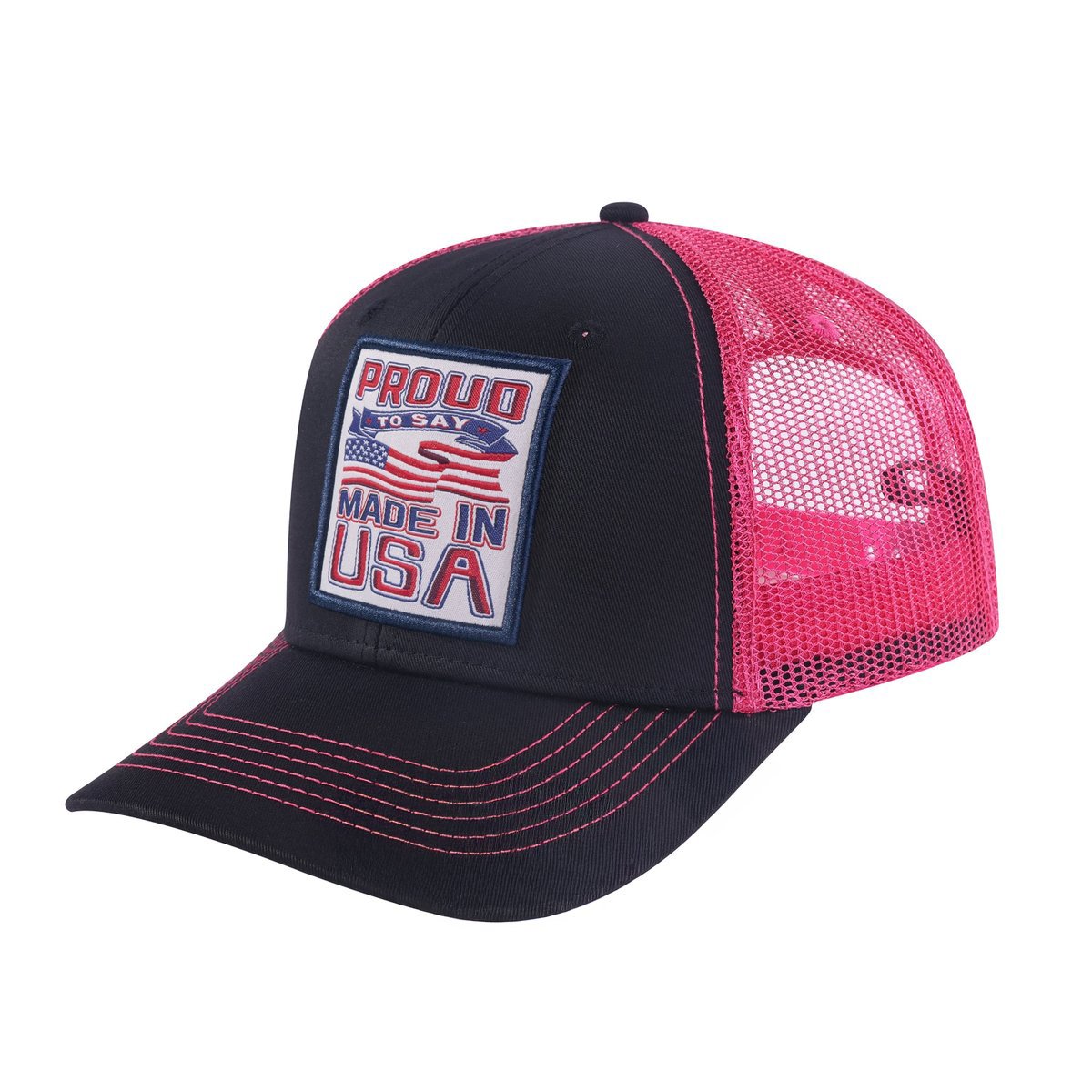 Unisex Embroidered Proud To Say Made In Usa, 6-Panel Trucker Hat, Black/Pink, Adjustable Fit