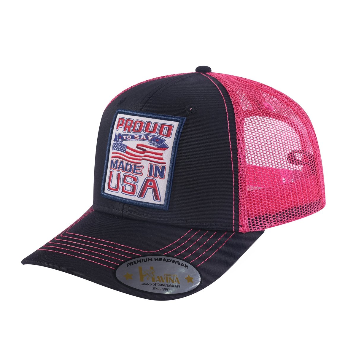 Unisex Embroidered Proud To Say Made In US, 6-Panel Trucker Hat, Black/Pink, Adjustable Fit