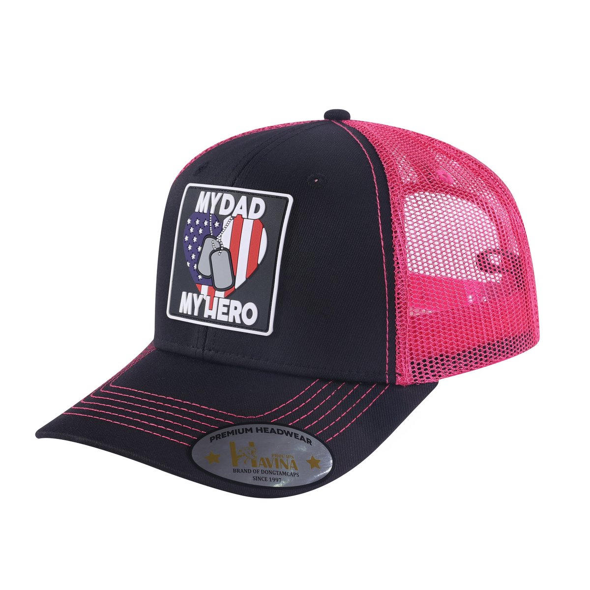 Unisex Embroidered My Dad My Hero, 6-Panel Trucker Hat, Black/Pink, Adjustable Fit