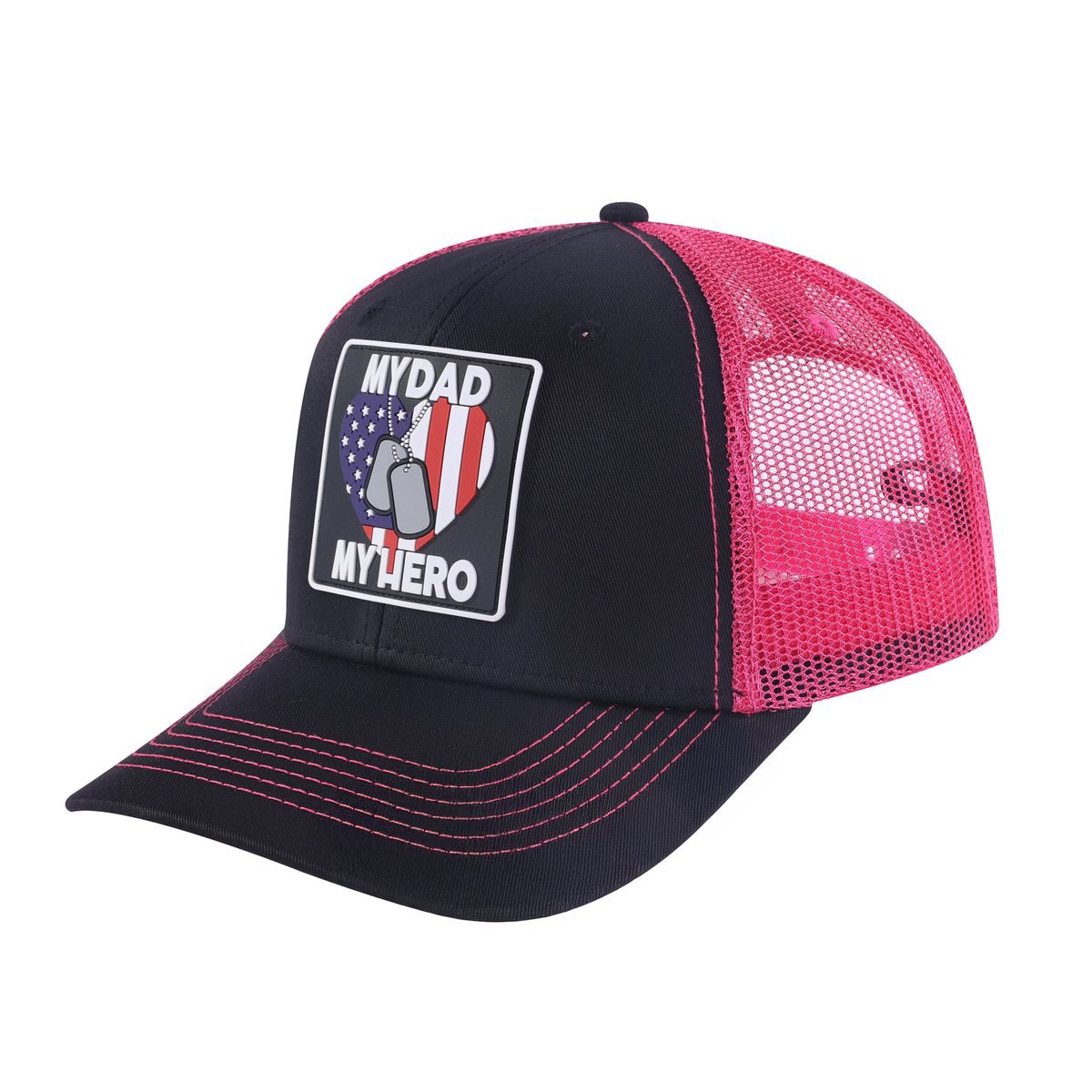 Unisex Embroidered My Dad My Hero, 6-Panel Trucker Hat, Black/Pink, Adjustable Fit