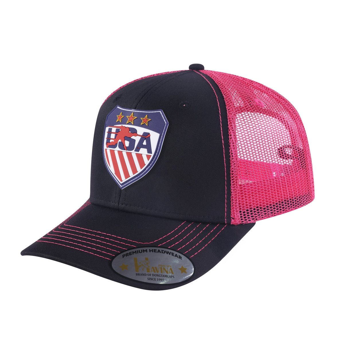 Unisex Embroidered Usa Hockey, 6-Panel Trucker Hat, Black/Pink, Adjustable Fit