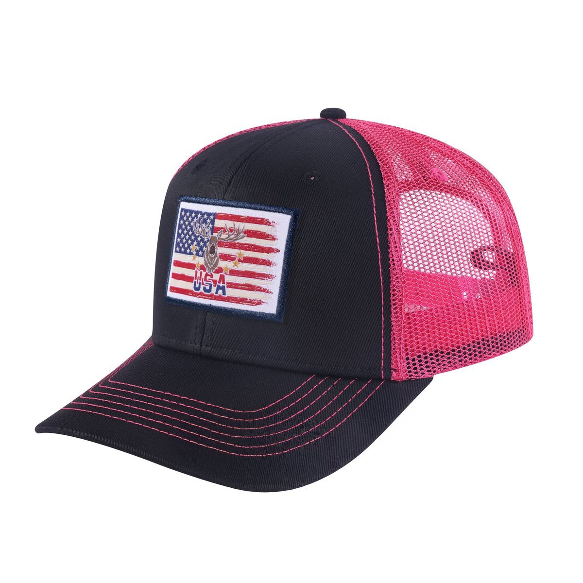 Unisex Embroidered US Deer Hunter, 6-Panel Trucker Hat, Black/Pink, Adjustable Fit