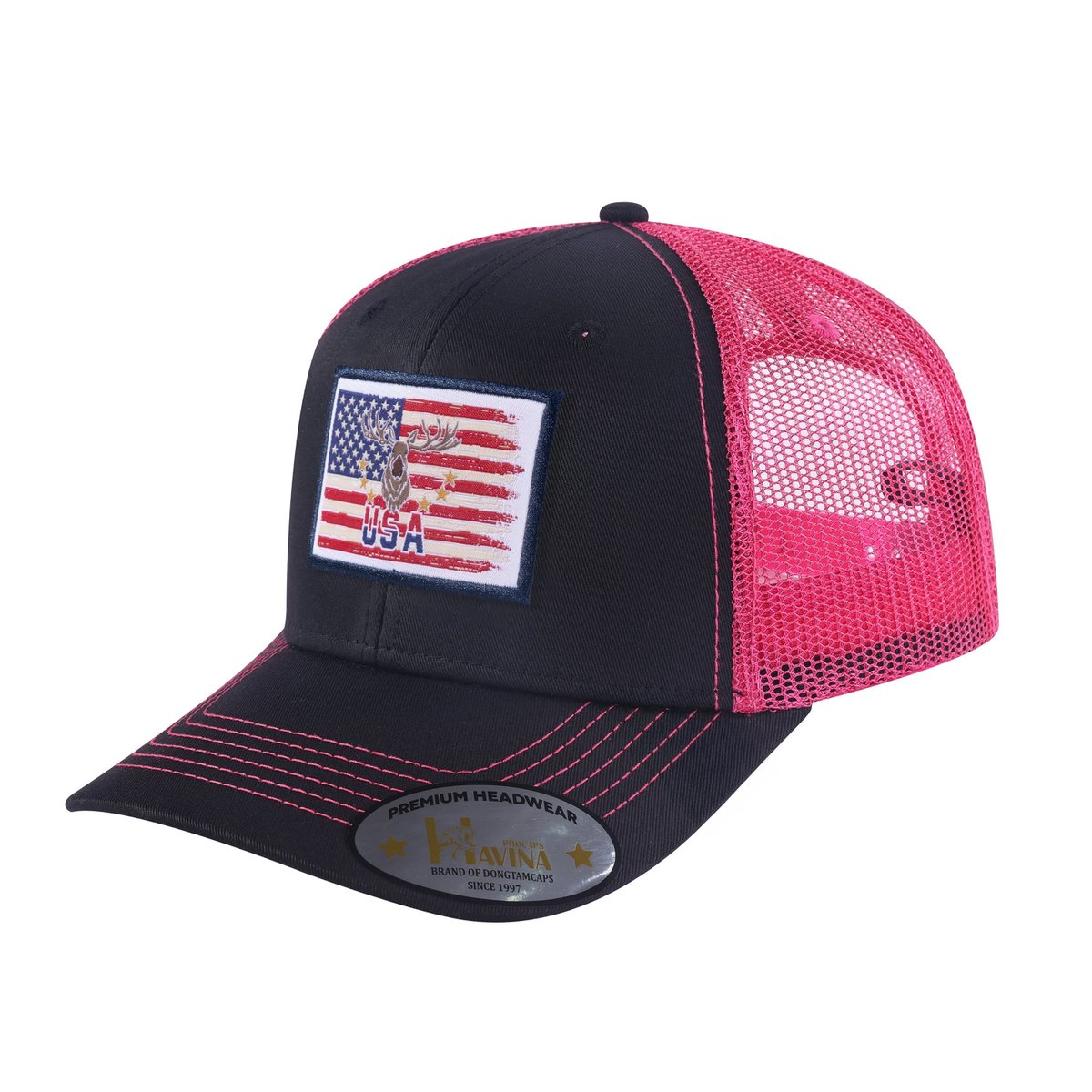Embroidered US Deer Hunter - 6 Panel Trucker Hat - Black/Pink