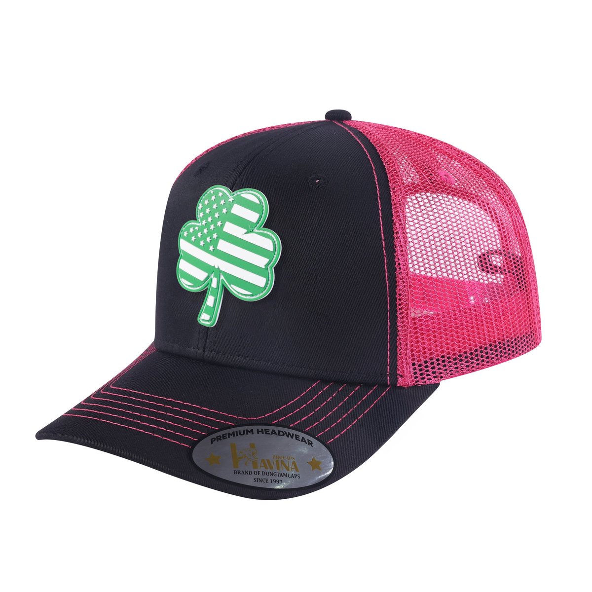 Unisex Embroidered St. Patrick'S Day Four Leaf Shamrock, 6-Panel Trucker Hat, Black/Pink, Adjustable Fit