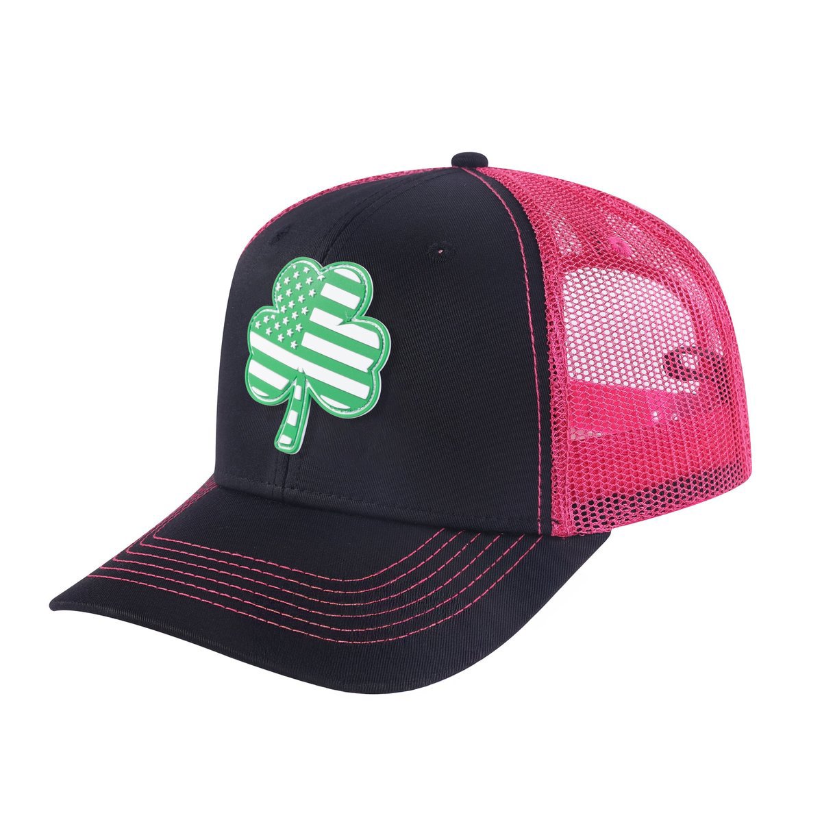 Unisex Embroidered St. Patrick'S Day Four Leaf Shamrock, 6-Panel Trucker Hat, Black/Pink, Adjustable Fit