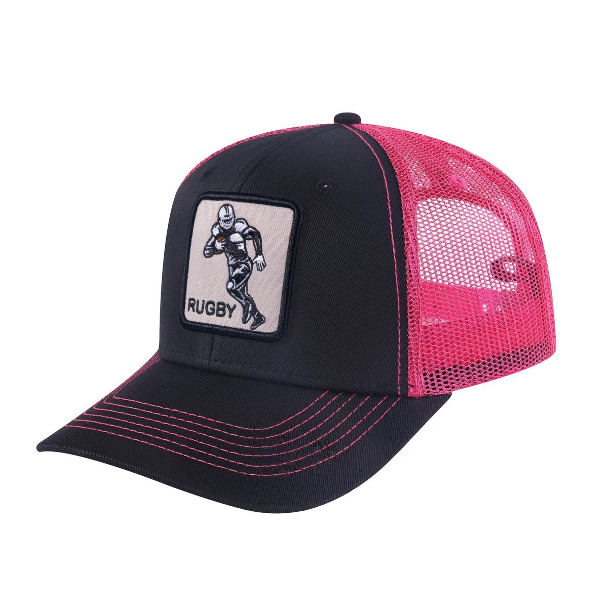 Unisex Embroidered Rugby/Football, 6-Panel Trucker Hat, Black/Pink, Adjustable Fit