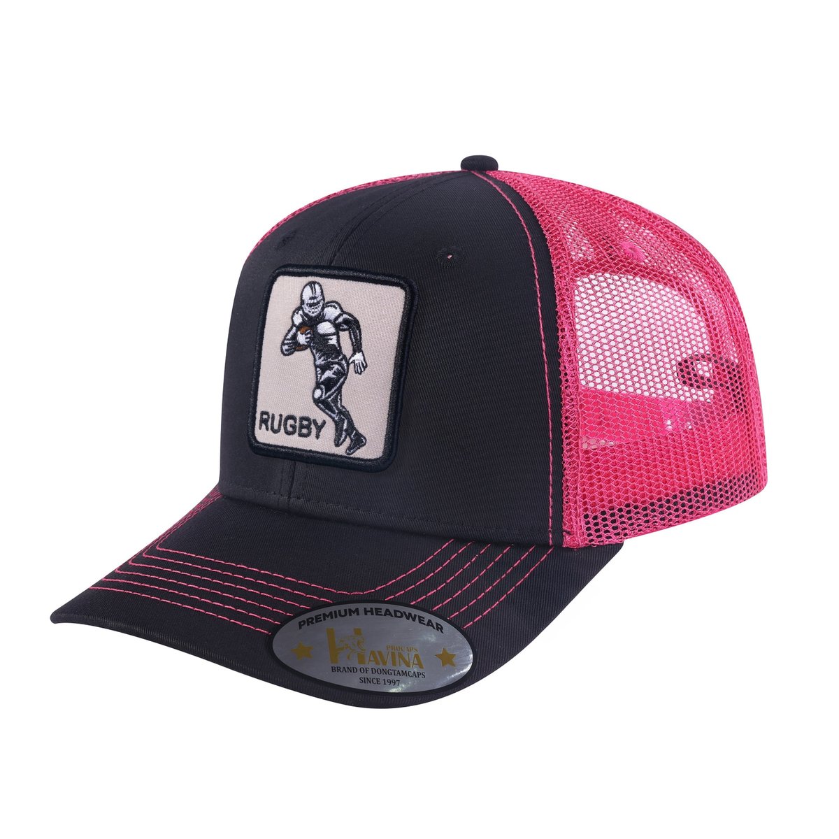 Unisex Embroidered Rugby/Football, 6-Panel Trucker Hat, Black/Pink, Adjustable Fit