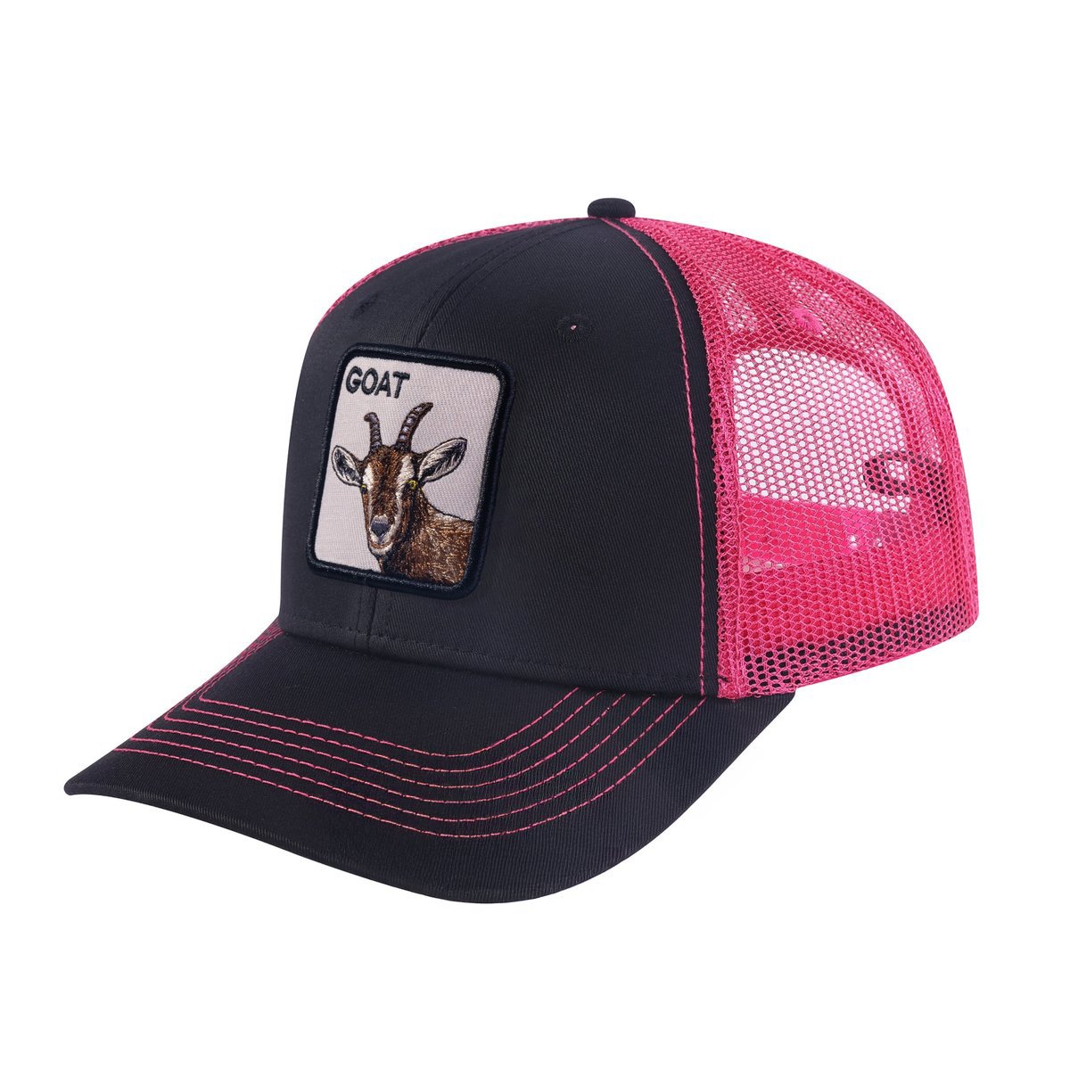 Unisex Embroidered The Goat, 6-Panel Trucker Hat, Black/Pink, Adjustable Fit
