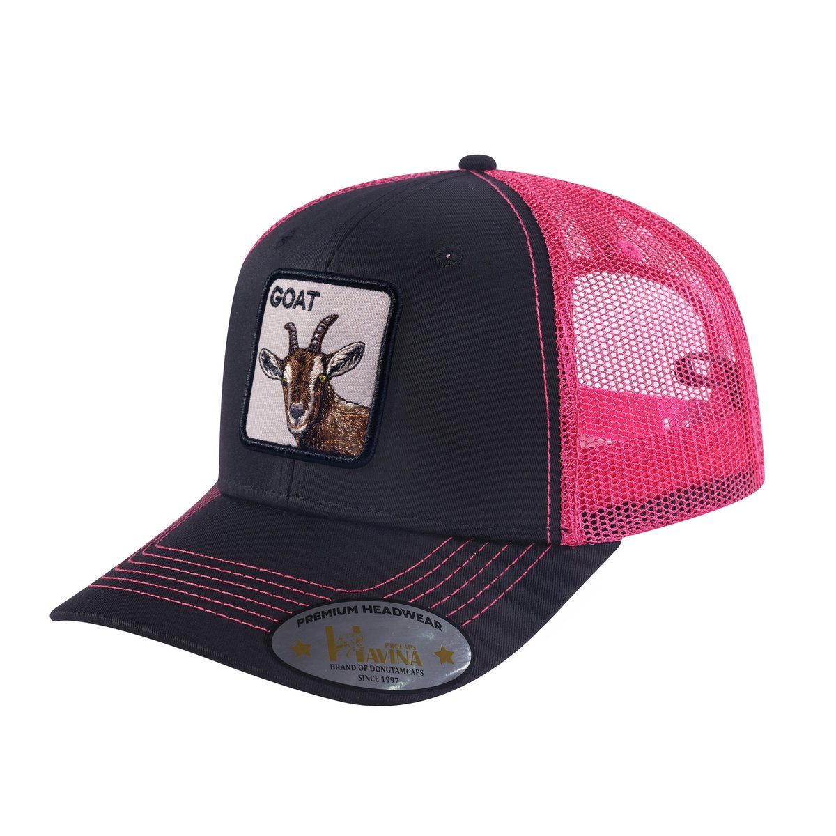 Unisex Embroidered The Goat, 6-Panel Trucker Hat, Black/Pink, Adjustable Fit