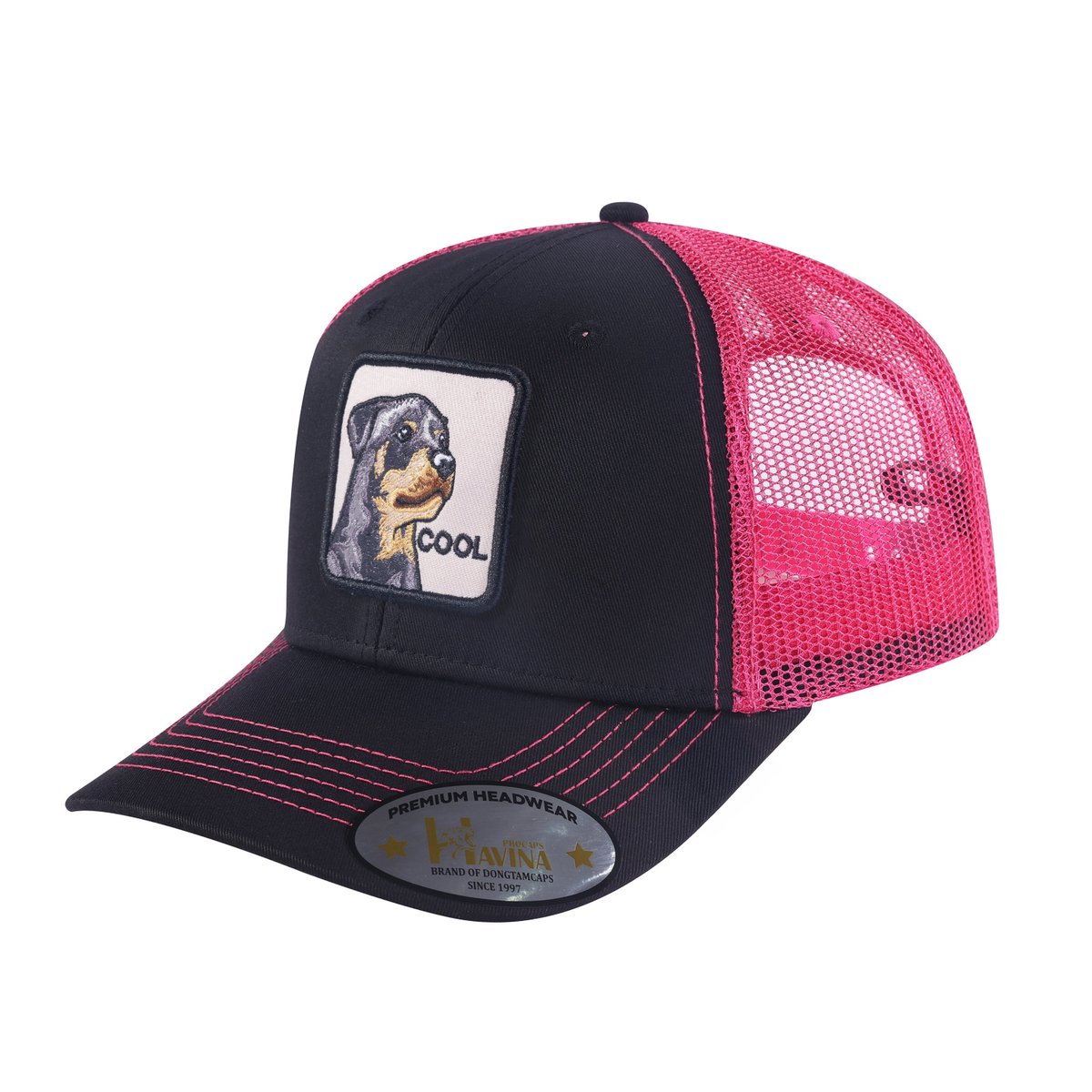 Unisex Embroidered The Cool Dog, 6-Panel Trucker Hat, Black/Pink, Adjustable Fit