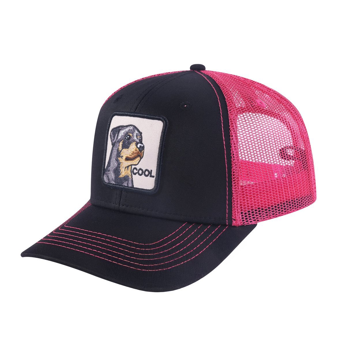 Unisex Embroidered The Cool Dog, 6-Panel Trucker Hat, Black/Pink, Adjustable Fit
