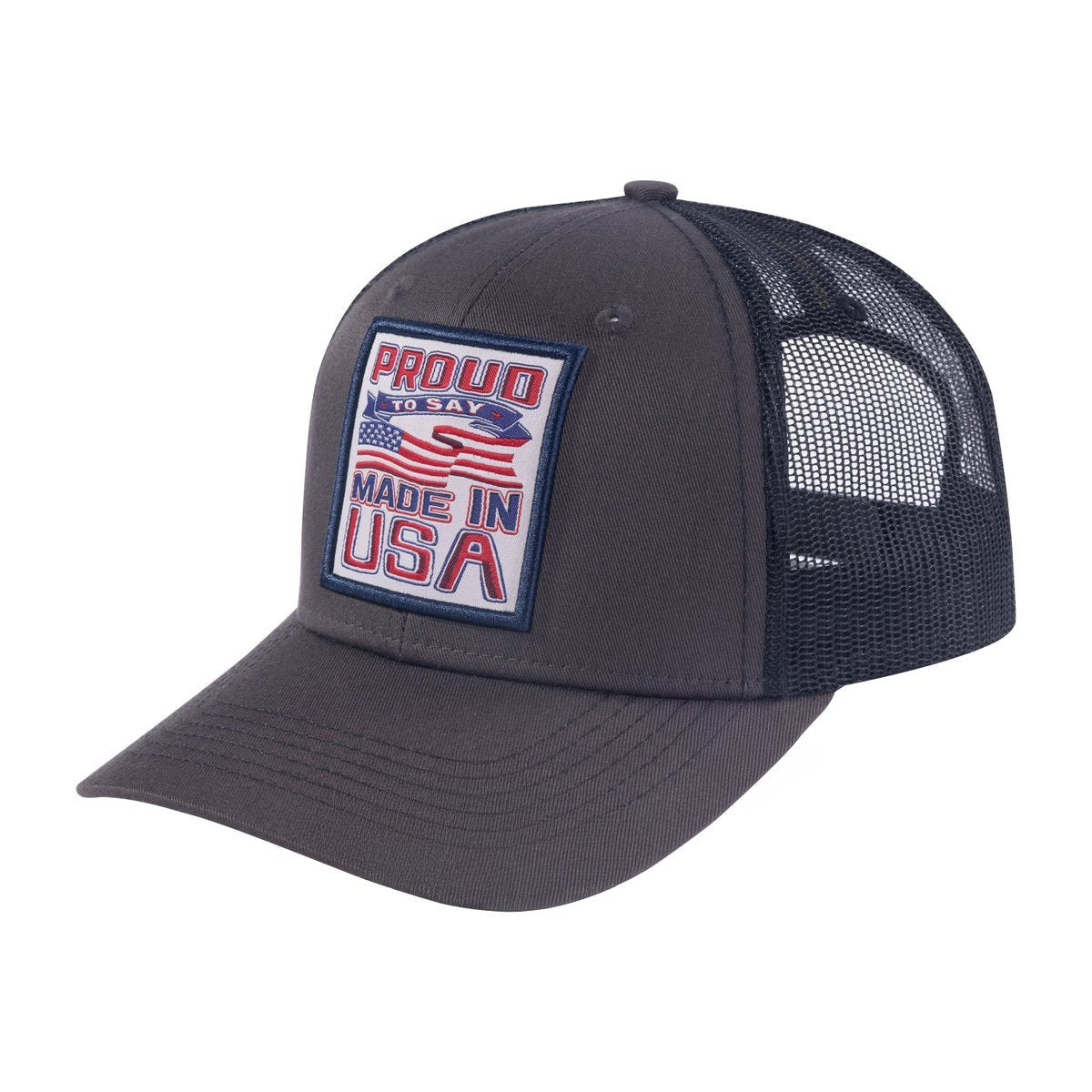 Unisex Embroidered Proud To Say Made In US, 6-Panel Trucker Hat, Dark Grey, Adjustable Fit