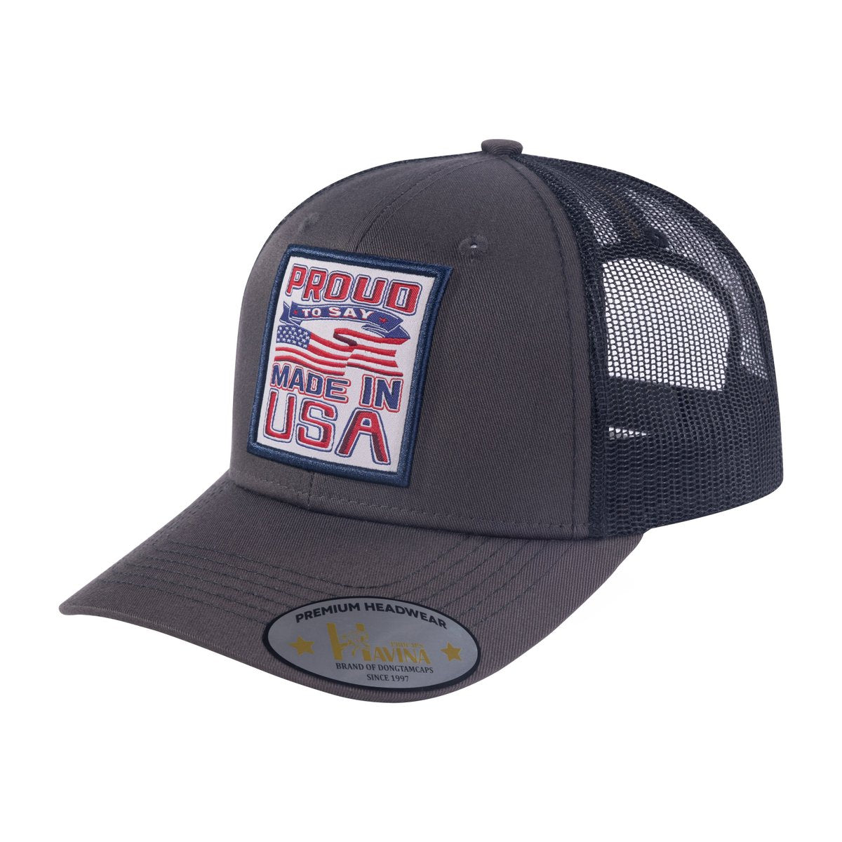 Unisex Embroidered Proud To Say Made In US, 6-Panel Trucker Hat, Dark Grey, Adjustable Fit
