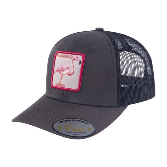 Flamingo 6-Panel Trucker Hat with Dark Grey front and Black back