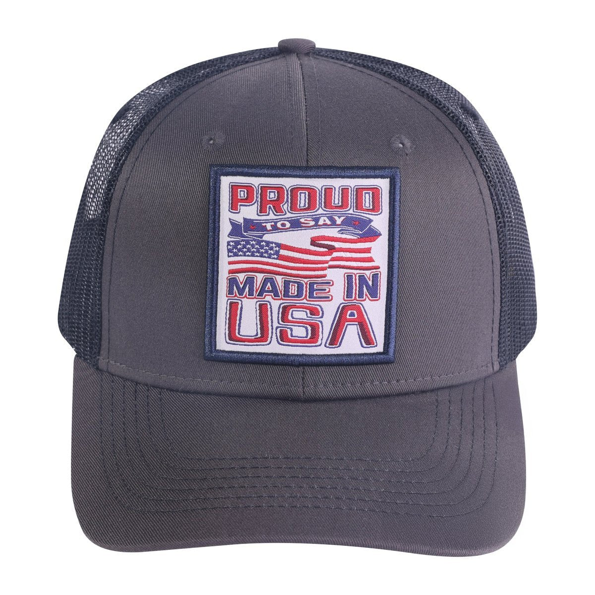 Unisex Embroidered Proud To Say Made In US, 6-Panel Trucker Hat, Dark Grey, Adjustable Fit
