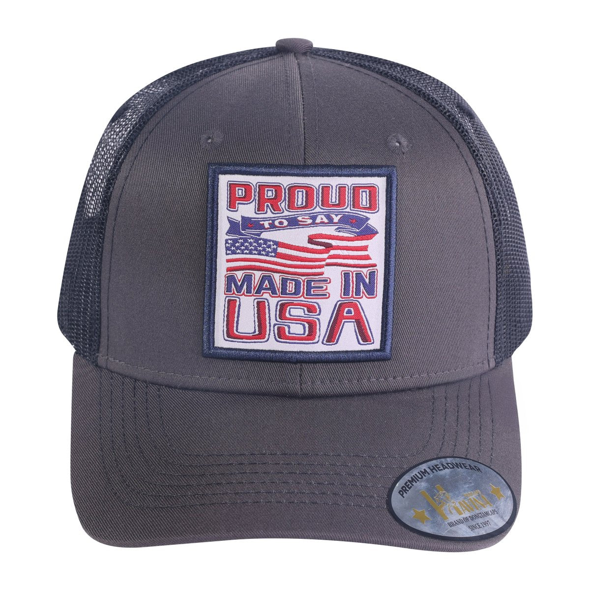 Unisex Embroidered Proud To Say Made In US, 6-Panel Trucker Hat, Dark Grey, Adjustable Fit