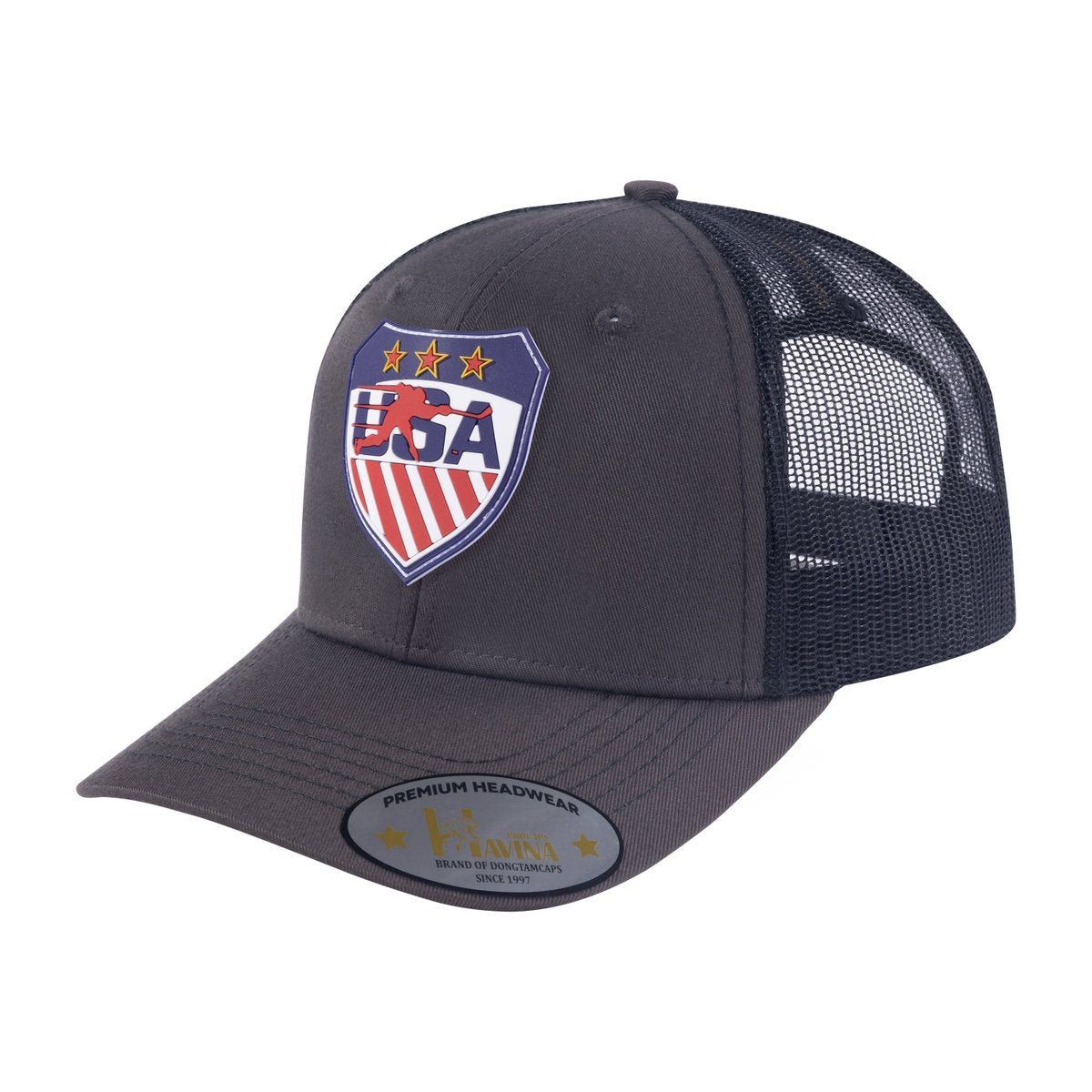 Unisex Embroidered US Loving Hockey, 6-Panel Trucker Hat, Dark Grey/Black, Adjustable Fit