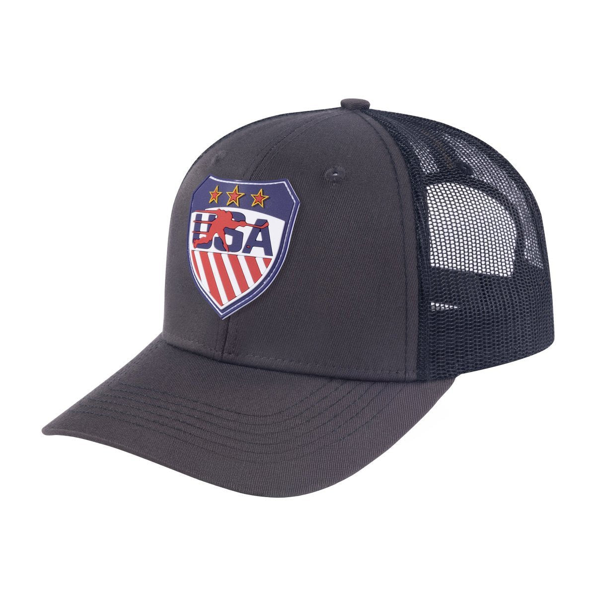 Unisex Embroidered Loving Hockey, 6-Panel Trucker Hat, Dark Grey/Black, Adjustable Fit