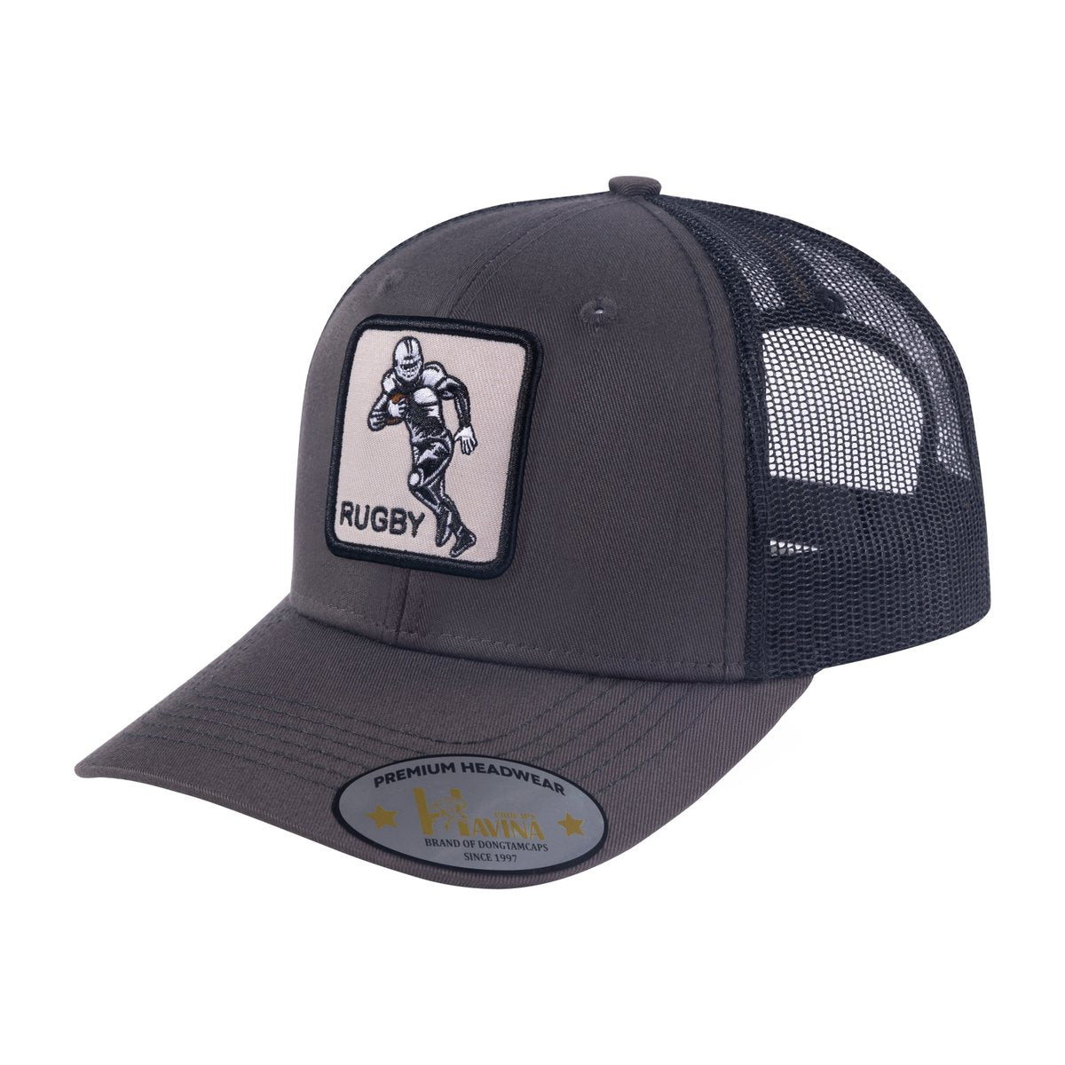 Unisex Embroidered Rugby, 6-Panel Trucker Hat, Dark Grey/Black, Adjustable Fit
