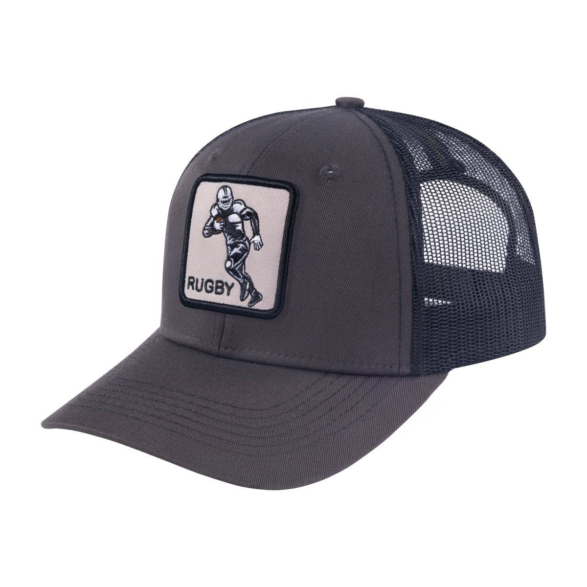 Unisex Embroidered Rugby, 6-Panel Trucker Hat, Dark Grey/Black, Adjustable Fit