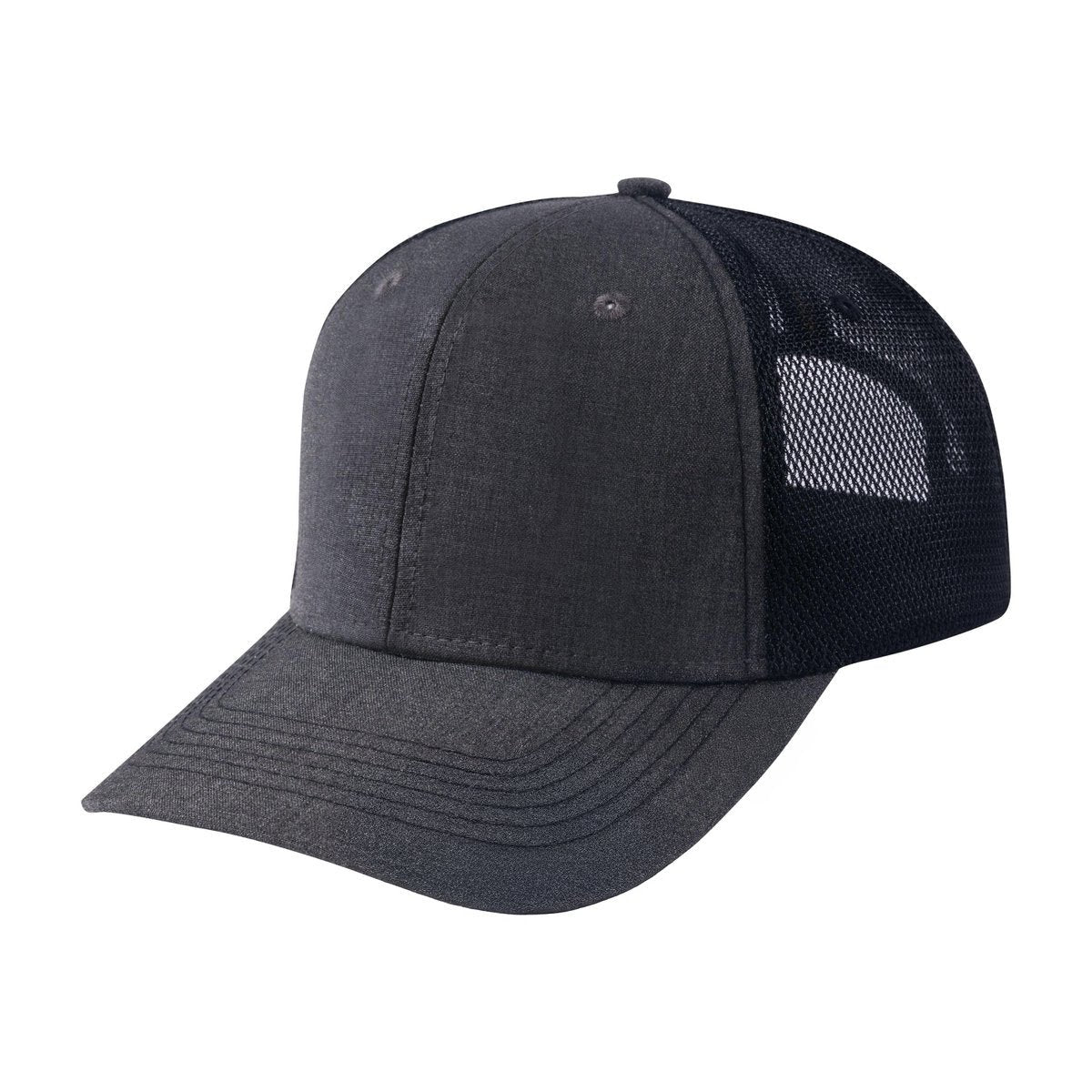 Unisex Blank, 6-Panel Trucker Hat, Dark Grey/Black, Adjustable Fit