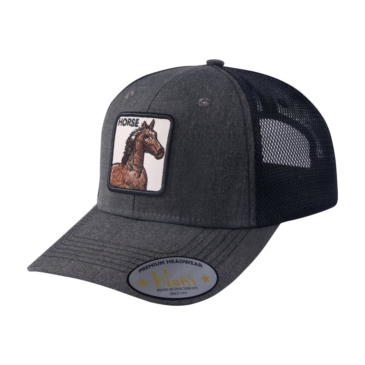 Unisex Embroidered The Horse, 6-Panel Trucker Hat, Dark Grey/Black, Adjustable Fit