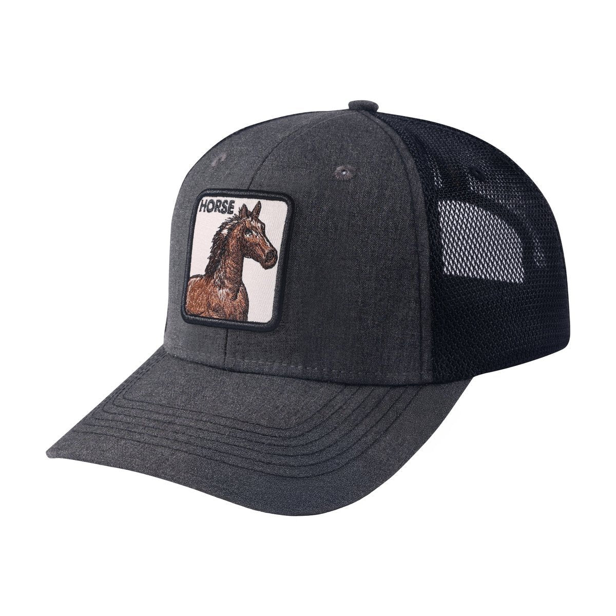Unisex Embroidered The Horse, 6-Panel Trucker Hat, Dark Grey/Black, Adjustable Fit