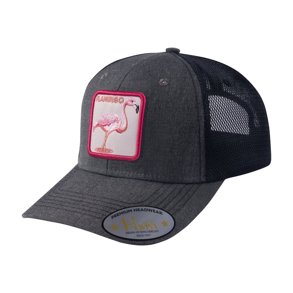 Unisex Embroidered The Flamingo, 6-Panel Trucker Hat, Dark Grey/Black, Adjustable Fit