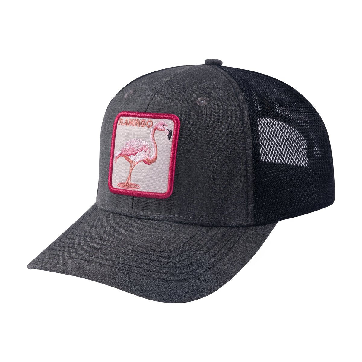 Unisex Embroidered The Flamingo, 6-Panel Trucker Hat, Dark Grey/Black, Adjustable Fit