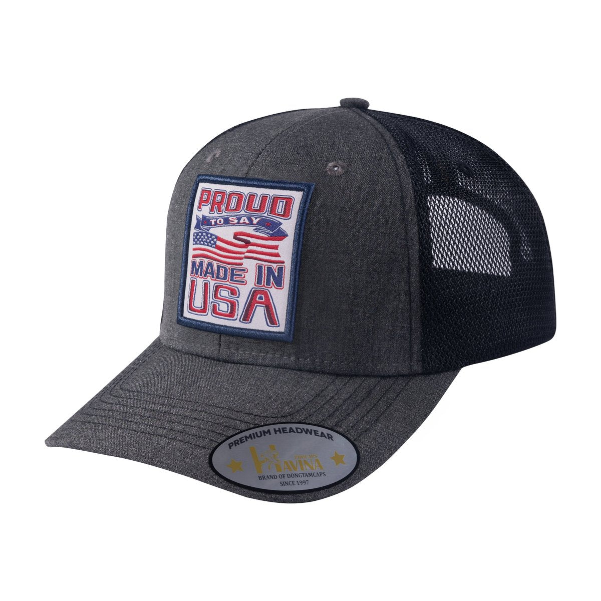 Unisex Embroidered Proud To Say Made In Usa, 6-Panel Trucker Hat, Dark Grey/Black, Adjustable Fit