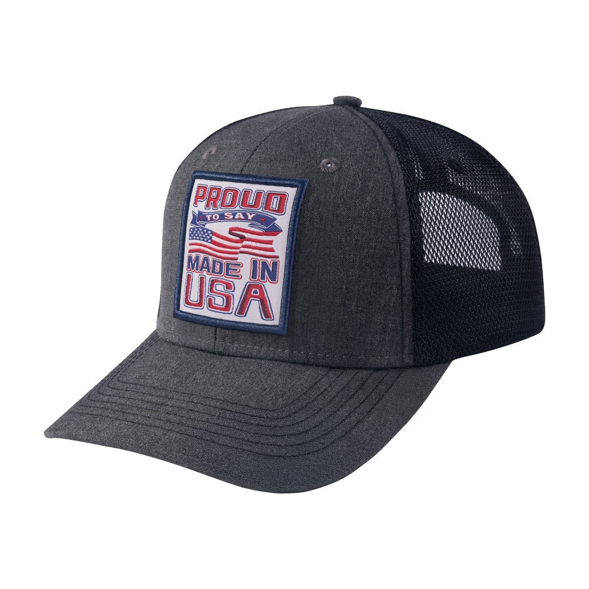 Unisex Embroidered Proud To Say Made In Usa, 6-Panel Trucker Hat, Dark Grey/Black, Adjustable Fit