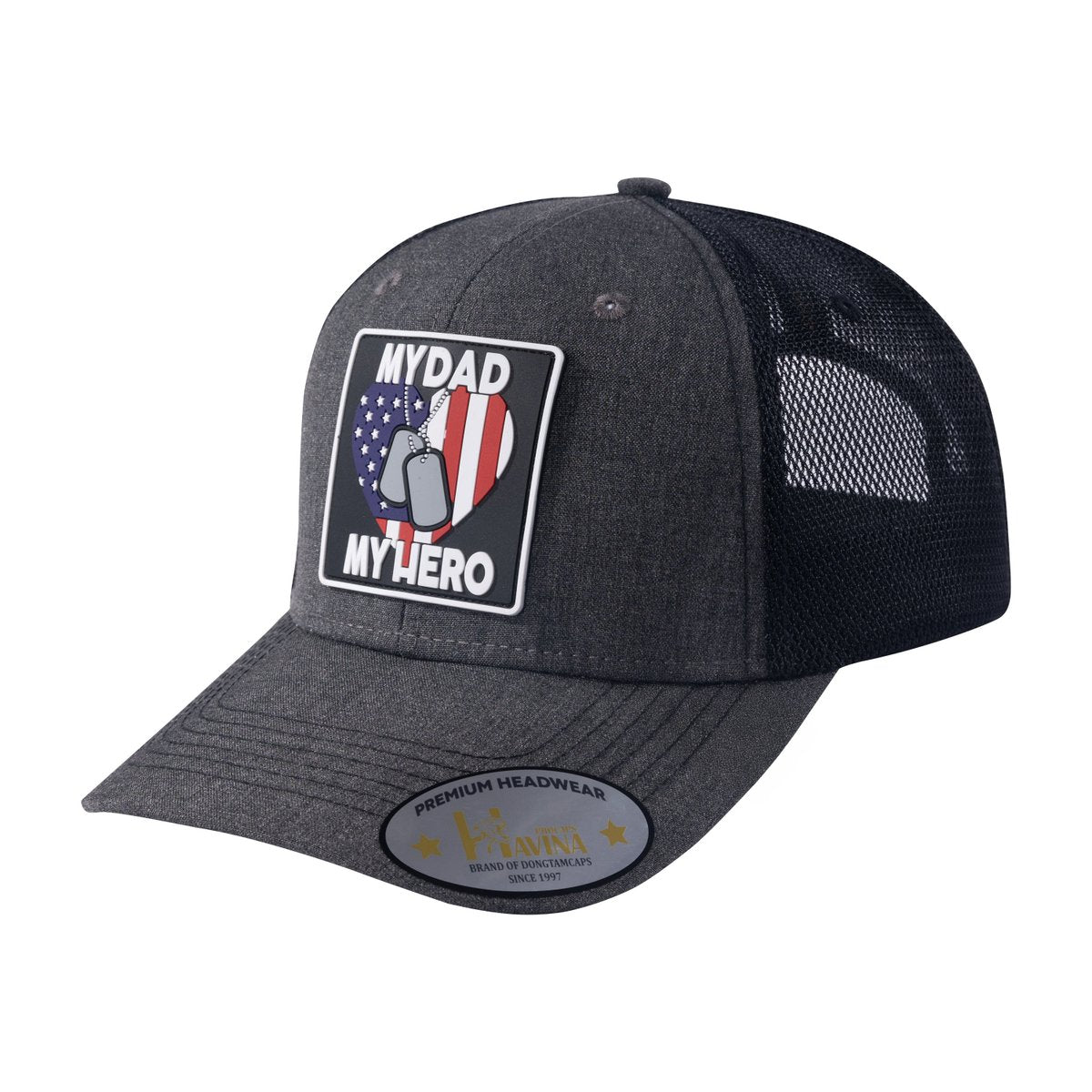 Embroidered My Dad My Hero - 6 Panel Trucker Hat - Dark Grey/Black