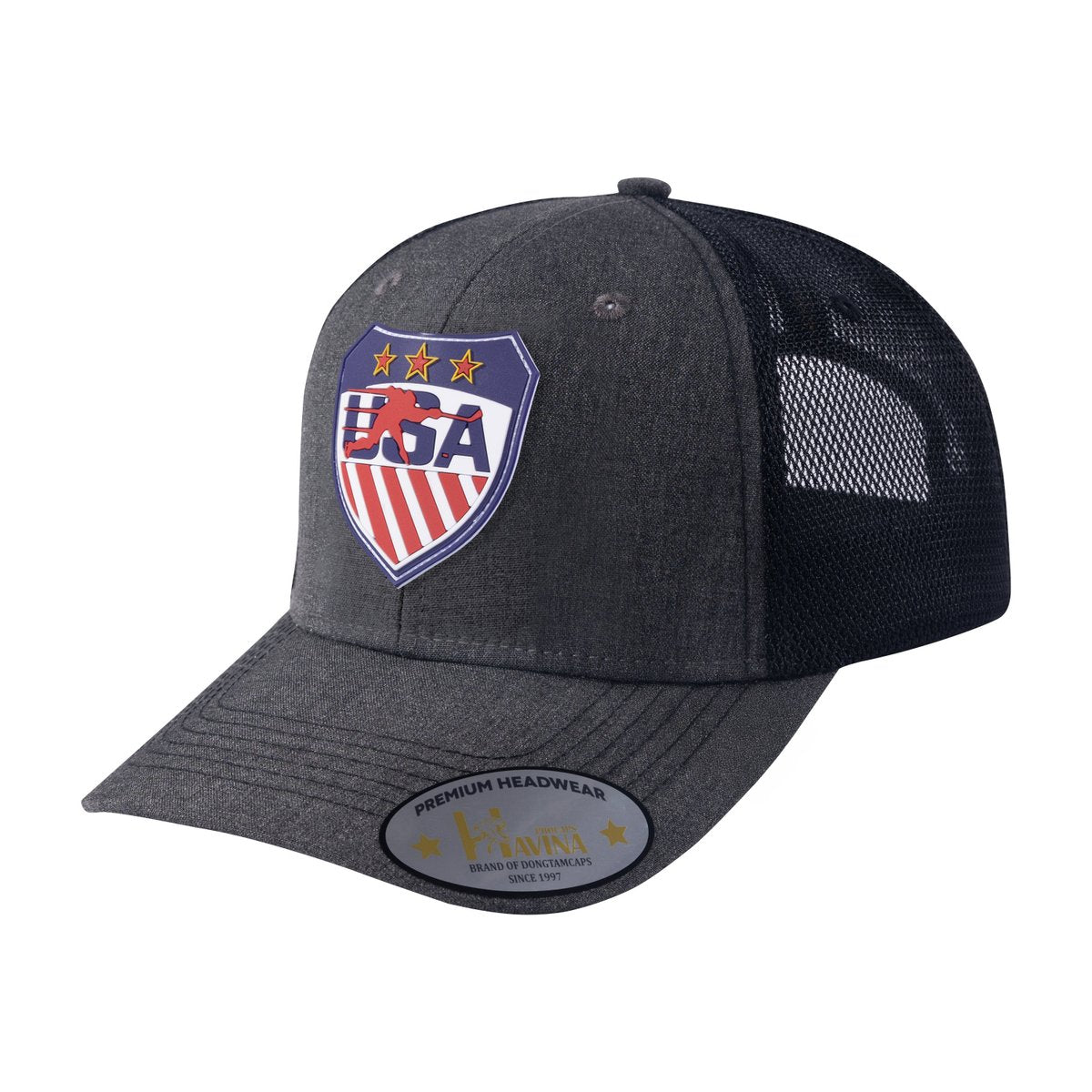 Unisex Embroidered Usa Hockey, 6-Panel Trucker Hat, Dark Grey/Black, Adjustable Fit