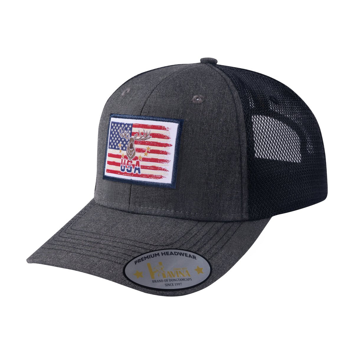Unisex Embroidered Usa Deer Hunter, 6-Panel Trucker Hat, Dark Grey/Black, Adjustable Fit