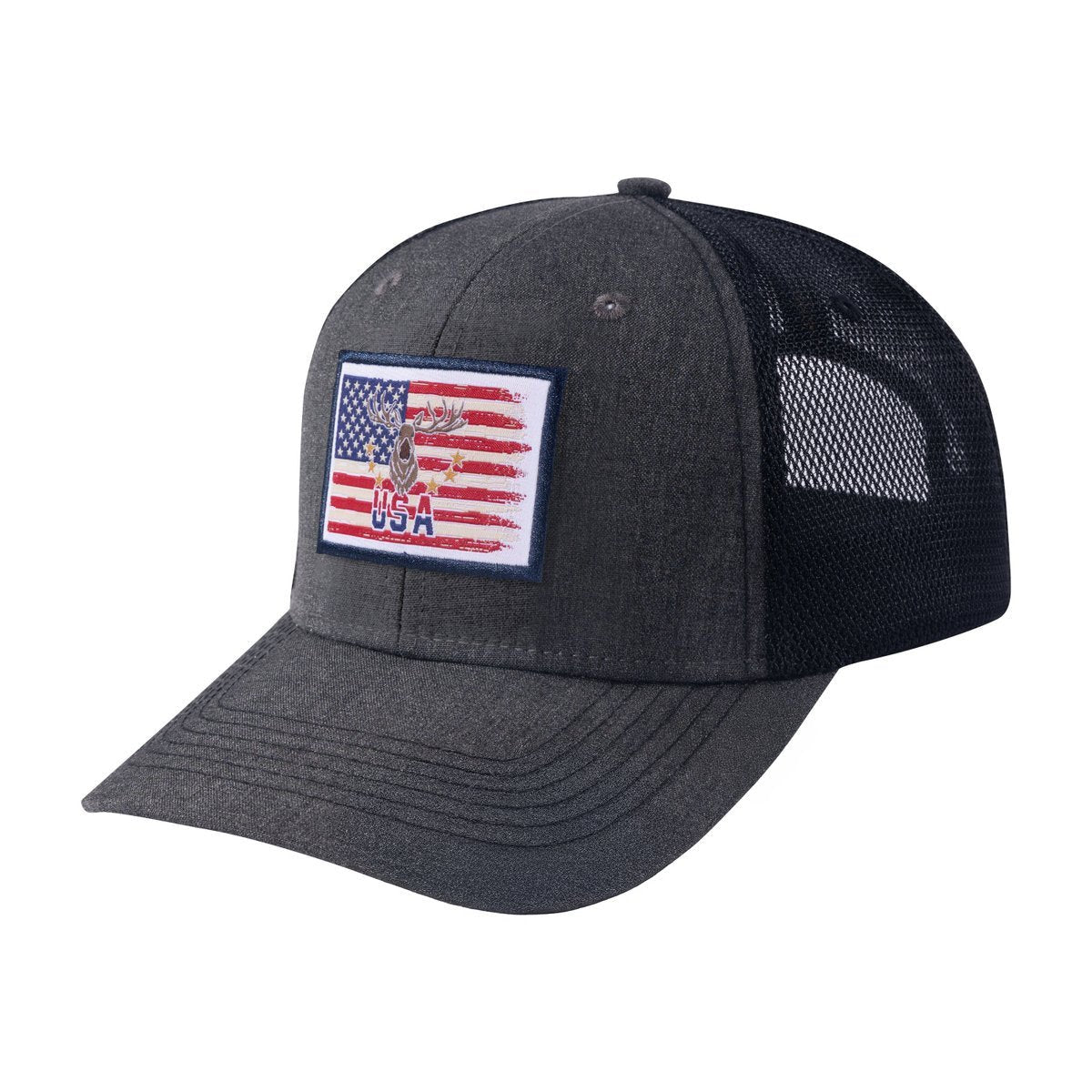 Unisex Embroidered US Deer Hunter, 6-Panel Trucker Hat, Dark Grey/Black, Adjustable Fit