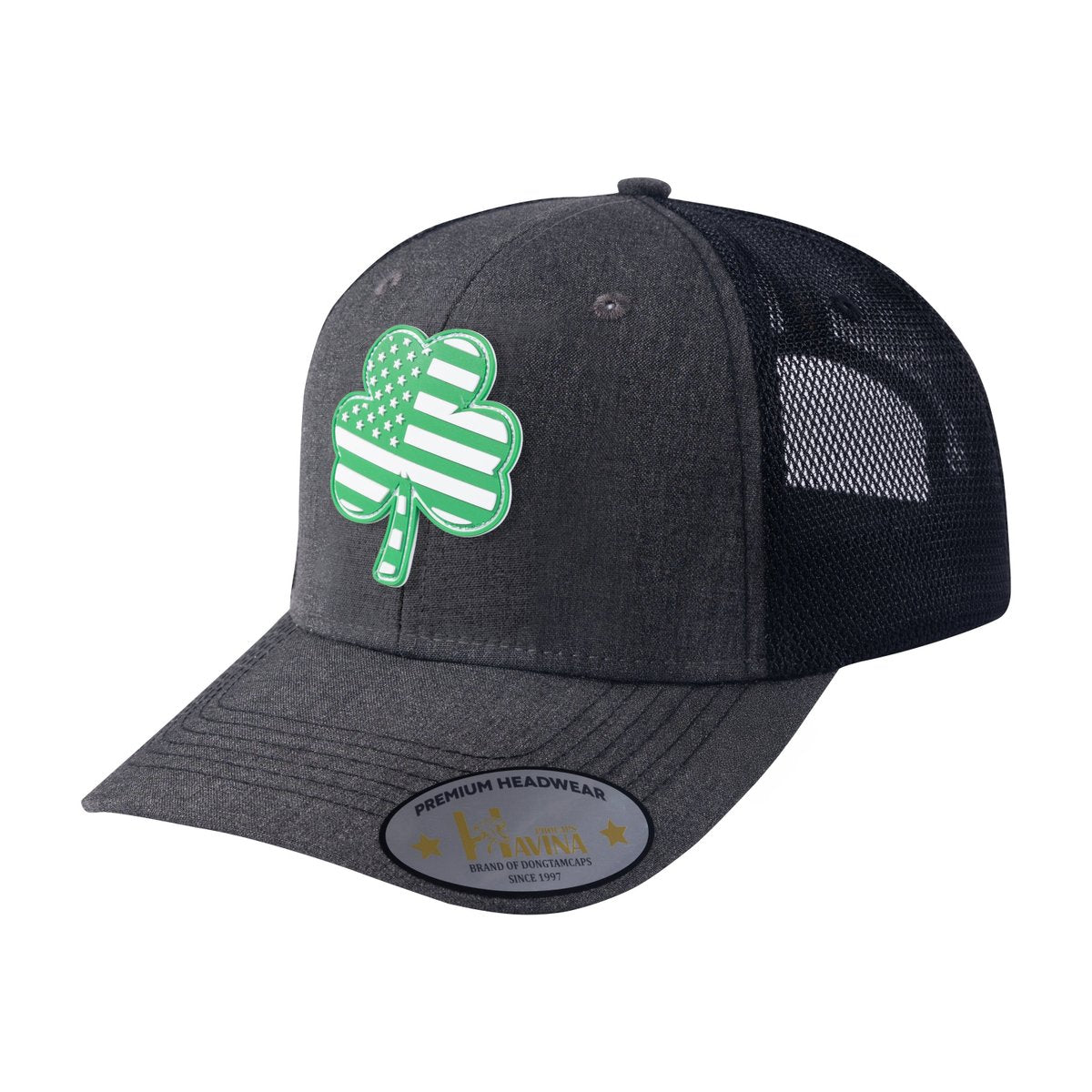 Embroidered St. Patrick'S Day Four Leaf Shamrock - 6 Panel Trucker Hat - Dark Grey/Black