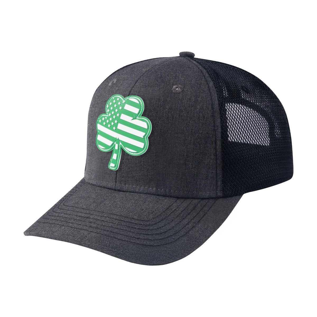 Unisex Embroidered St. Patrick'S Day Four Leaf Shamrock, 6-Panel Trucker Hat, Dark Grey/Black, Adjustable Fit